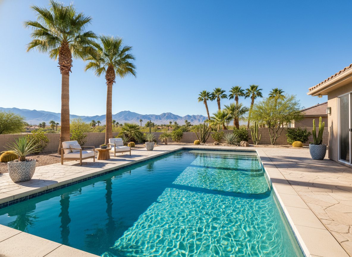A bright Las Vegas backyard pool surrounded by palm trees with desert mountains and blue sky behind.