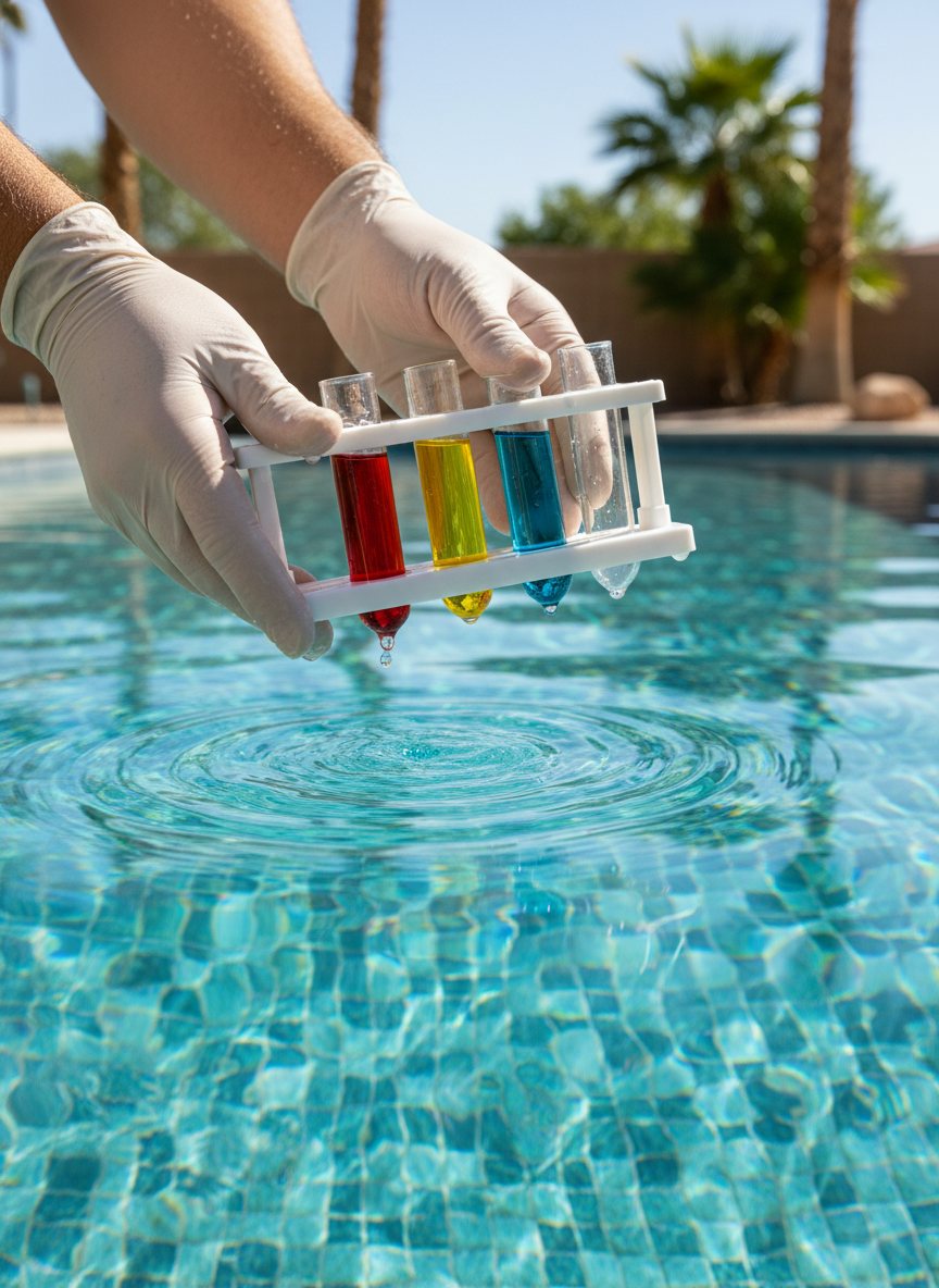 A pool technician testing pool water chemistry with a test kit beside crystal-clear water.