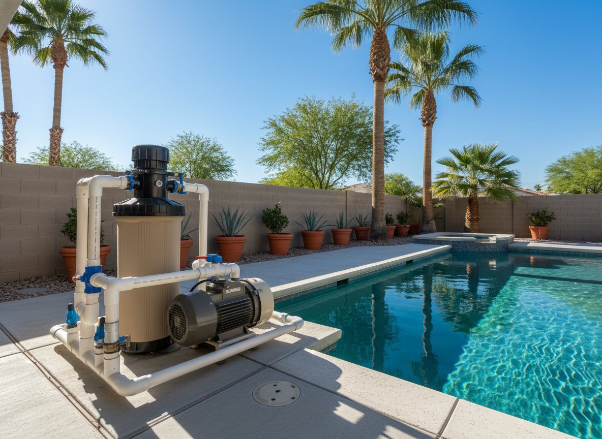 A clean pool filter and pump equipment pad in a bright Las Vegas backyard.
