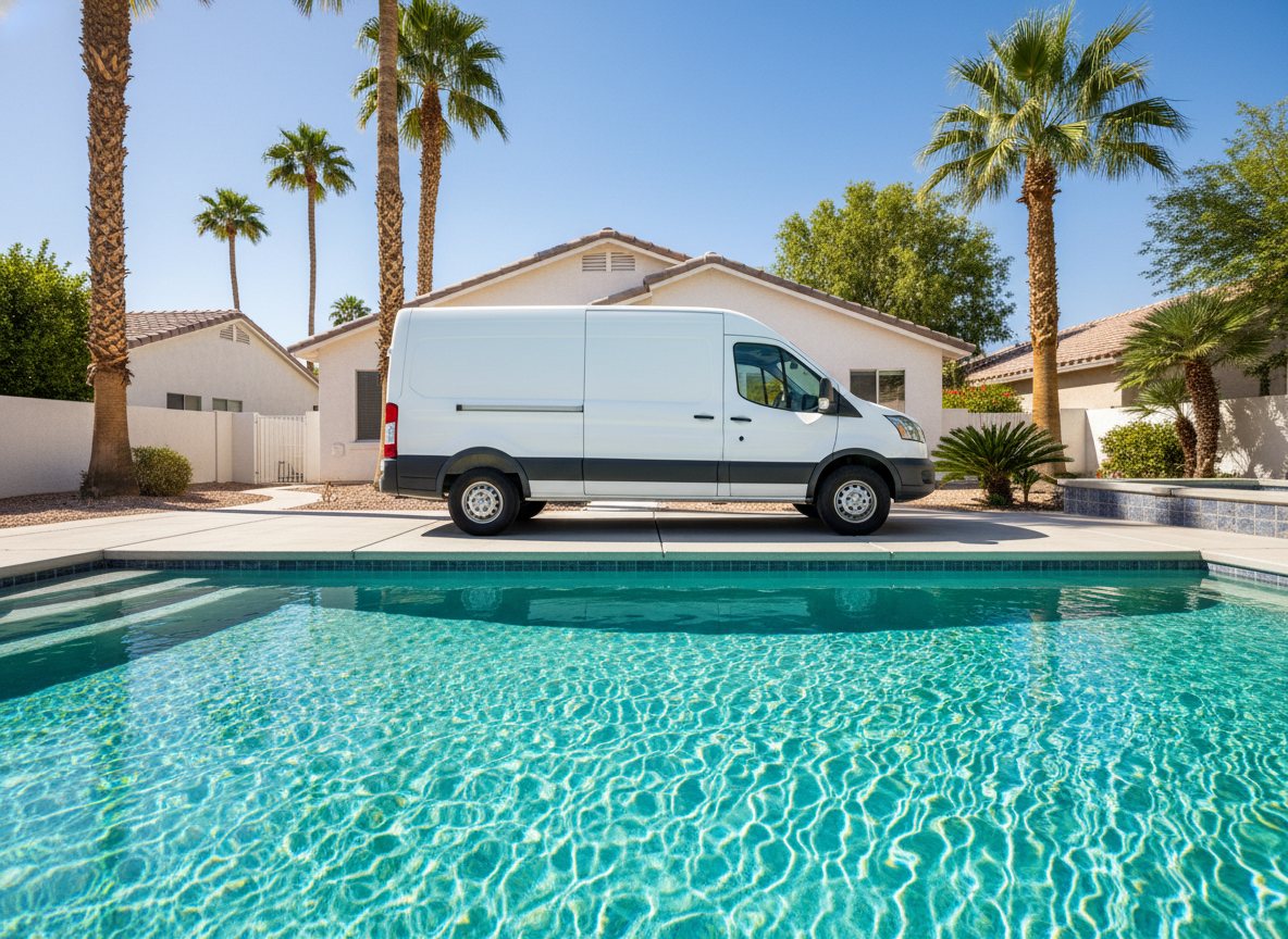 A clean pool-service van parked in front of a bright Las Vegas home with palm trees.
