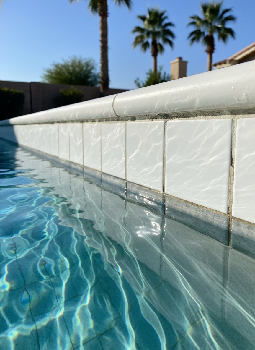 Close-up of clean pool tile and waterline in a bright Las Vegas backyard pool.